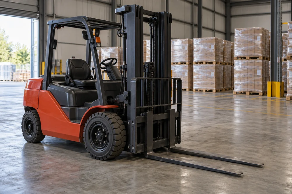 Counterbalance forklift with lowered forks beside warehouse pallets