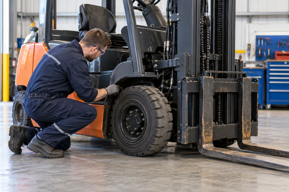 Technician inspecting a parked forklift in a commercial workshop