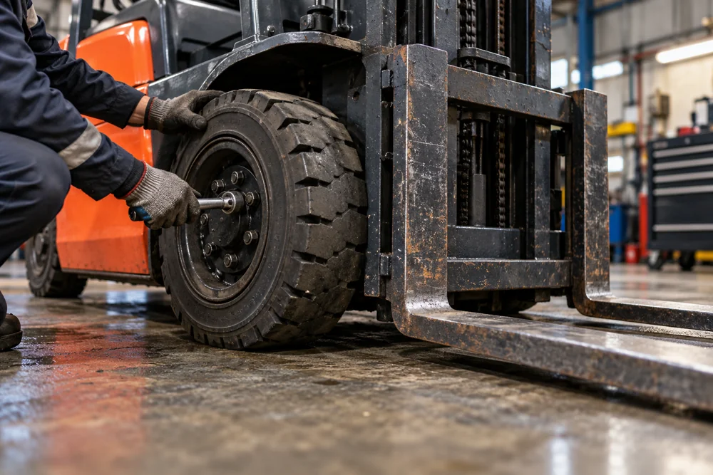 Gloved technician examining a forklift wheel in a workshop
