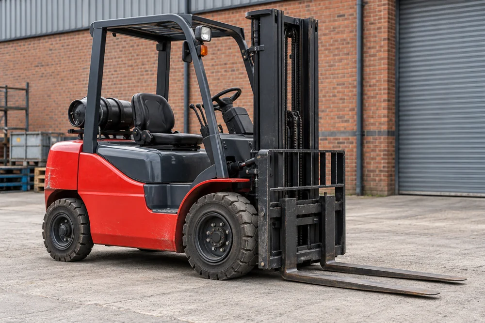 Used counterbalance forklift parked in an industrial yard